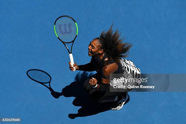 Serena Williams of the Unites States celebrates winning her quarterfinal match against Johanna Konta of Great Britain on day 10 of the 2017...
