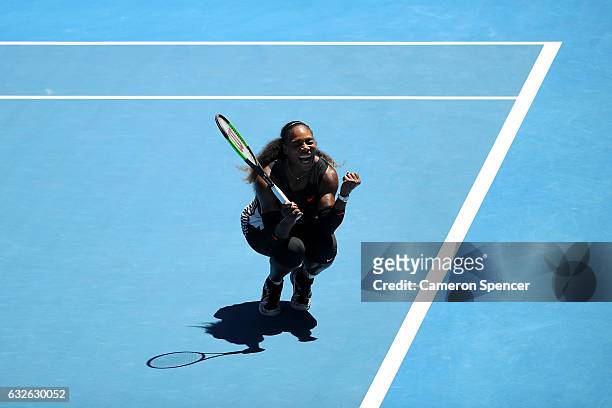 Serena Williams of the Unites States celebrates winning her quarterfinal match against Johanna Konta of Great Britain on day 10 of the 2017...