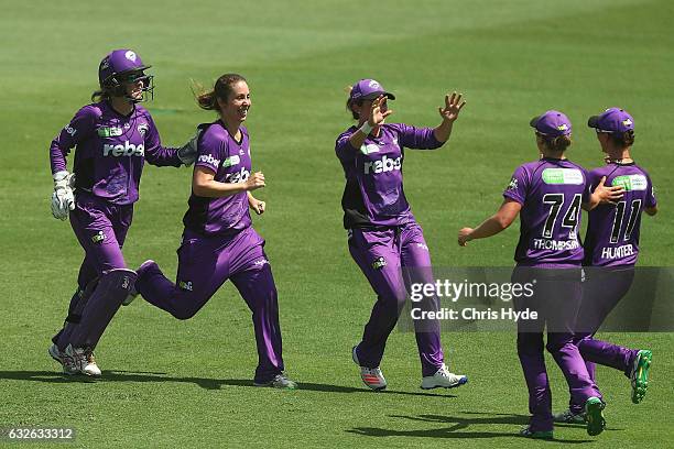 Brooke Hepburn of the Hurricanes celebrates dismissing Ashleigh Gardner of the Sixers during the Women's Big Bash League semi final match between the...