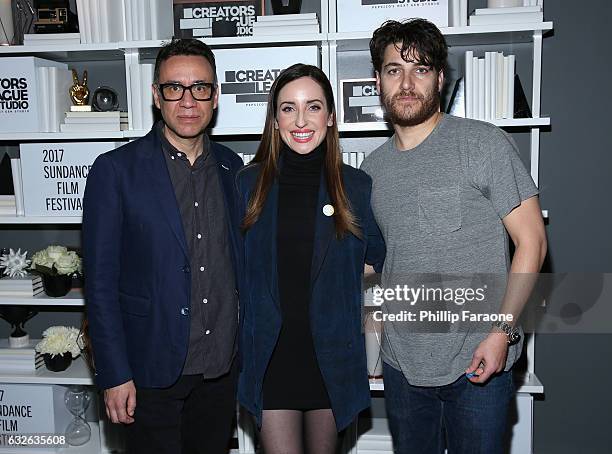 Fred Armisen, Zoe Lister-Jones and Adam Pally attend the 2017 Sundance Film Festival premiere of BandAid, hosted at PepsiCos Creators League Studio...