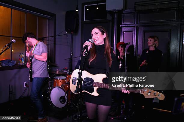 Adam Pally and Zoe Lister-Jones perform at the 2017 Sundance Film Festival premiere of BandAid, hosted at PepsiCos Creators League Studio on January...