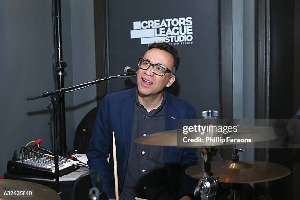 Fred Armisen plays the drums at the 2017 Sundance Film Festival premiere of BandAid, hosted at PepsiCos Creators League Studio on January 24, 2017 in...