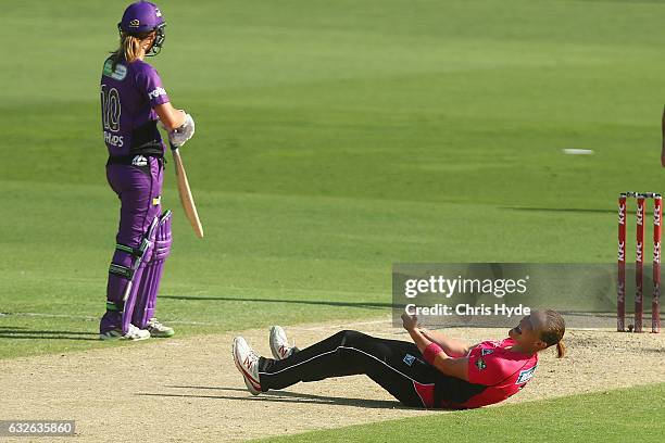 Sara Aley of the Sixers celebrates dismissing Julie Hunter of the Hurricanes to win the Women's Big Bash League semi final match between the Sydney...