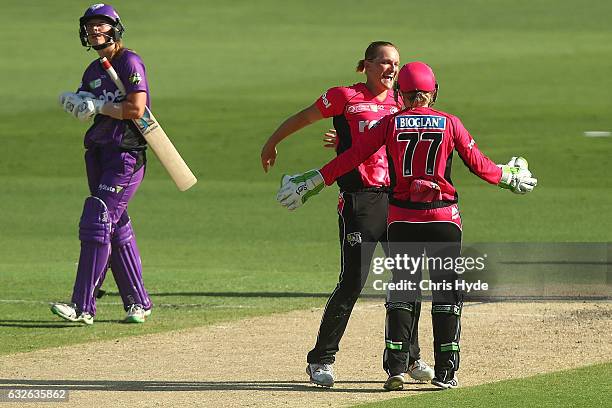 Sara Aley of the Sixers celebrates dismissing Julie Hunter of the Hurricanes to win the Women's Big Bash League semi final match between the Sydney...