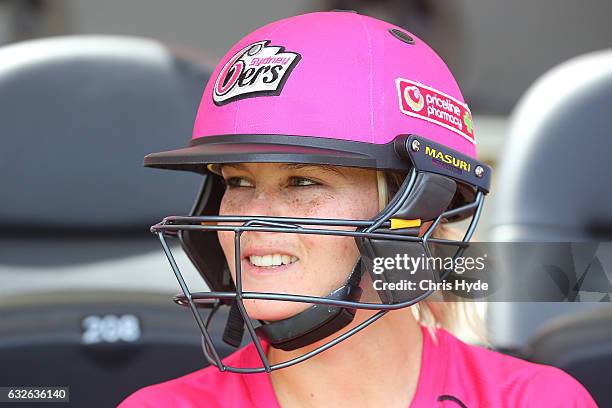 Dane van Niekerk of the Sixers looks on during the Women's Big Bash League semi final match between the Sydney Sixers and the Hobart Hurricanes at...