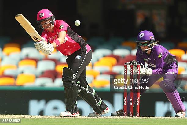Angela Reaks of the Sixers bats during the Women's Big Bash League semi final match between the Sydney Sixers and the Hobart Hurricanes at The Gabba...