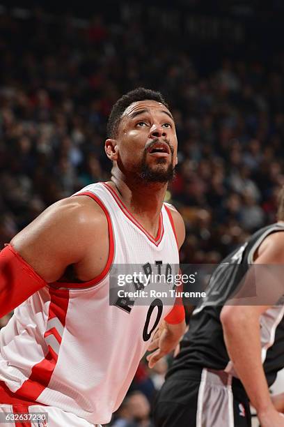 Jared Sullinger of the Toronto Raptors reacts to a play against the San Antonio Spurs during the game on January 24, 2017 at the Air Canada Centre in...