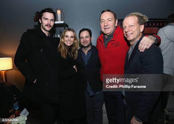 Nicholas Hoult, Zoey Deutch, Danny Strong, Kevin Spacey and Bruce Cohen attend the 2017 Sundance Film Festival premiere of Rebel In The Rye, hosted...