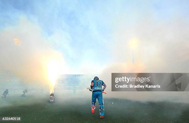 Brendon McCullum of the Heat enters the field of play during the Big Bash League semi final match between the Brisbane Heat and the Sydney Sixers at...