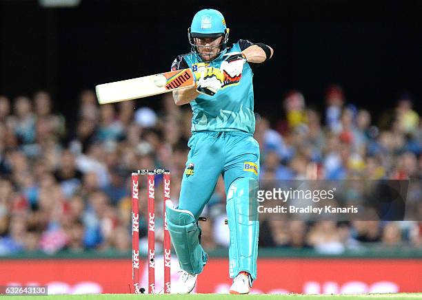 Brendon McCullum of the Heat hits the ball over the boundary for a six during the Big Bash League semi final match between the Brisbane Heat and the...