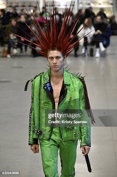 Model walks the runway during the Vetements Spring Summer 2017 show as part of Paris Fashion Week on January 24, 2017 in Paris, France.