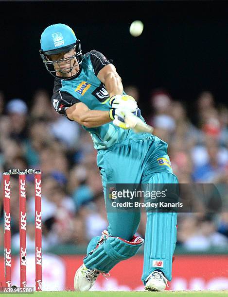 Jack Wildermuth of the Heat hits the ball over the boundary for a six during the Big Bash League semi final match between the Brisbane Heat and the...