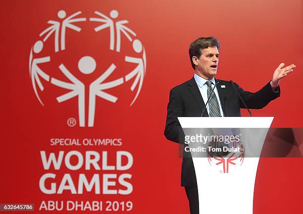 Timothy Shriver, Chairman of Special Olympics speaks during the Special Olympics press conference. The Special Olympics Abu Dhabi World Games 2019...