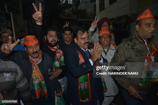 India's opposition party Bhartiya Janata Party candidate for Member of Legislative Assembly in Amritsar Tarun Chugh taks part in a campaign event in...