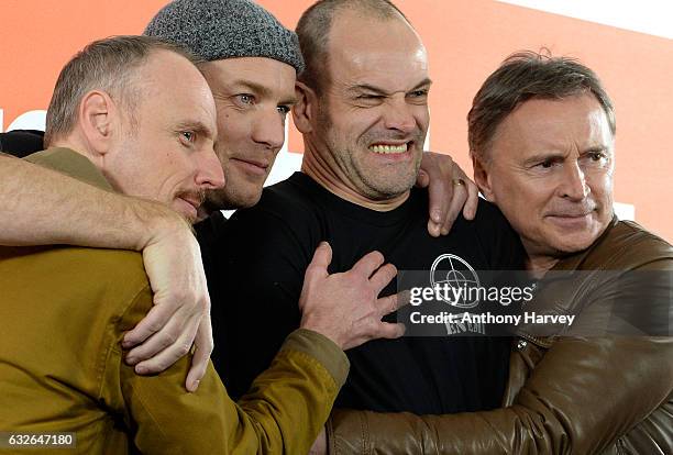 Actors Ewen Bremner, Ewan McGregor, Jonny Lee Miller and Robert Carlyle attend the "T2 Trainspotting" photocall at Corinthia Hotel London on January...