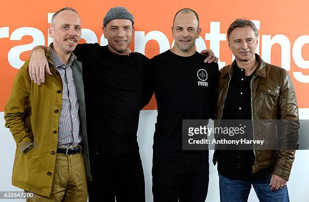 Actors Ewen Bremner, Ewan McGregor, Jonny Lee Miller and Robert Carlyle attend the "T2 Trainspotting" photocall at Corinthia Hotel London on January...