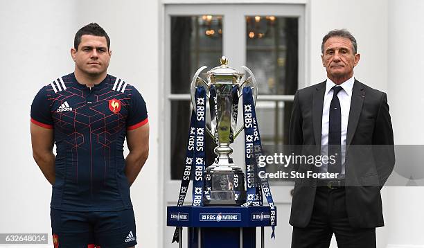 Guilhem Guirado, Captain of France and Guy Noves, Head Coach of France pose with The Six Nations Trophy during the 2017 RBS Six Nations launch at The...