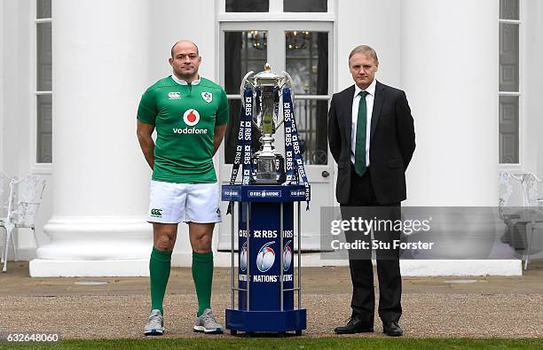 Rory Best, Captain of Ireland and Joe Schmidt, Head Coach of Ireland pose with The Six Nations Trophy during the 2017 RBS Six Nations launch at The...