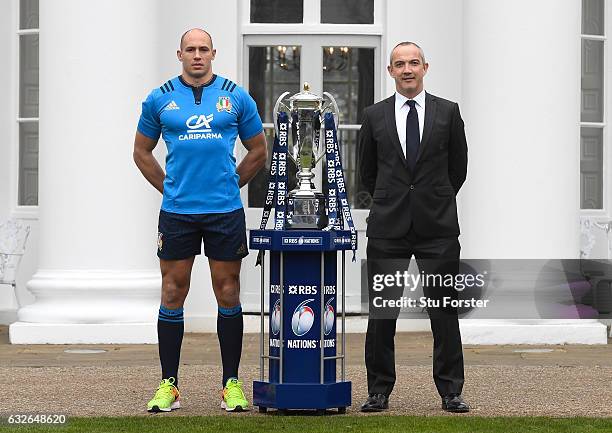 Sergio Parisse, Captain of Italy and Conor O'Shea, Head Coach of Italy pose with The Six Nations Trophy during the 2017 RBS Six Nations launch at The...