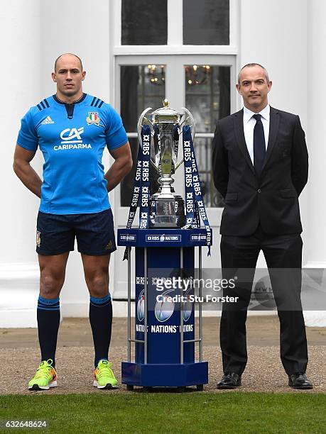 Sergio Parisse, Captain of Italy and Conor O'Shea, Head Coach of Italy pose with The Six Nations Trophy during the 2017 RBS Six Nations launch at The...