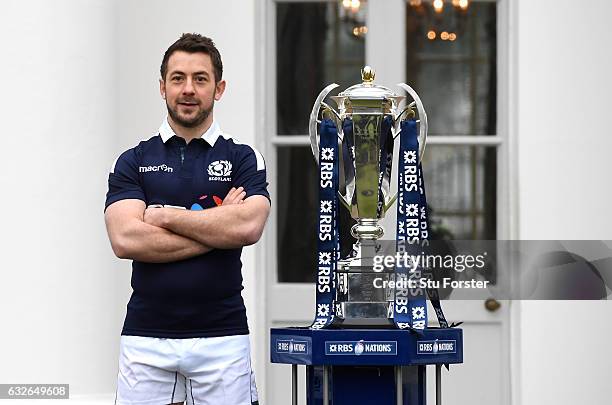 Greig Laidlaw, Captain of Scotland poses with the Six Nations Trophy during the 2017 RBS Six Nations launch at The Hurlingham Club on January 25,...