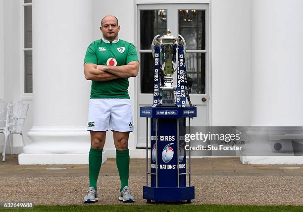 Rory Best, Captain of Ireland poses with The Six Nations Trophy during the 2017 RBS Six Nations launch at The Hurlingham Club on January 25, 2017 in...