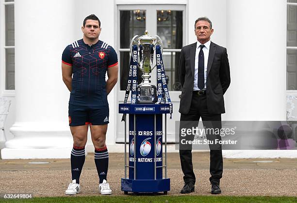 Guilhem Guirado, Captain of France and Guy Noves, Head Coach of France pose with The Six Nations Trophy during the 2017 RBS Six Nations launch at The...
