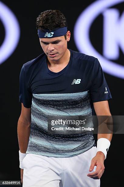 Milos Raonic of Canada reacts in his quarterfinal match against Rafael Nadal of Spain on day 10 of the 2017 Australian Open at Melbourne Park on...