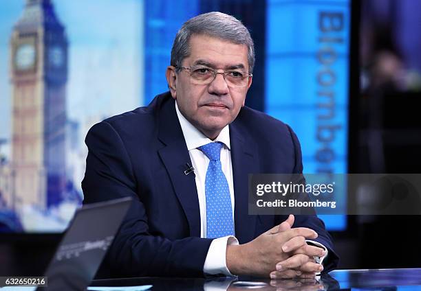 Amr El-Garhy, Egypt's finance minister, pauses during a Bloomberg Television interview in London, U.K., on Wednesday, Jan. 25, 2017. El-Garhy...