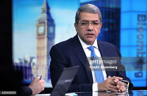 Amr El-Garhy, Egypt's finance minister, speaks during a Bloomberg Television interview in London, U.K., on Wednesday, Jan. 25, 2017. El-Garhy...