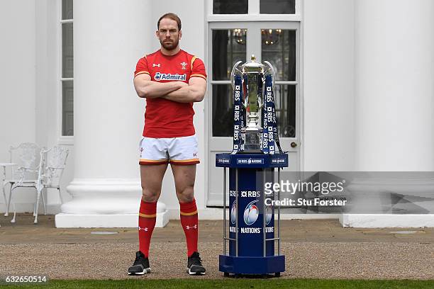 Alun Wyn Jones, Captain of Wales, poses with the Six Nations trophy during the 2017 RBS Six Nations launch at The Hurlingham Club on January 25, 2017...