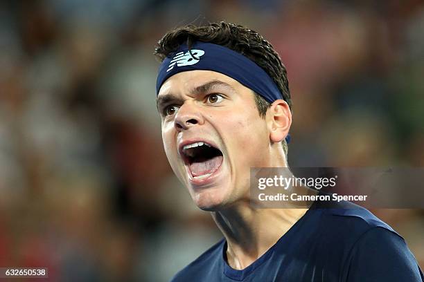 Milos Raonic of Canada reacts in his quarterfinal match against Rafael Nadal of Spain on day 10 of the 2017 Australian Open at Melbourne Park on...