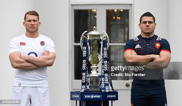 Dylan Hartley, Captain of England and Guilhem Guirado, Captain of France pose with the Six Nations Trophy during the 2017 RBS Six Nations launch at...
