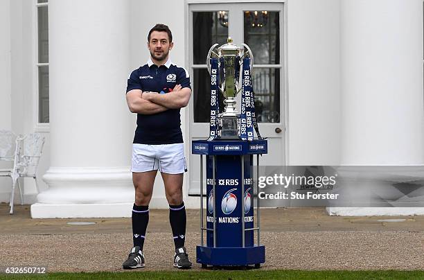 Greig Laidlaw, Captain of Scotland poses with The Six Nations Trophy during the 2017 RBS Six Nations launch at The Hurlingham Club on January 25,...