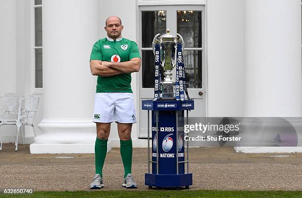 Rory Best, Captain of Ireland poses with The Six Nations Trophy during the 2017 RBS Six Nations launch at The Hurlingham Club on January 25, 2017 in...