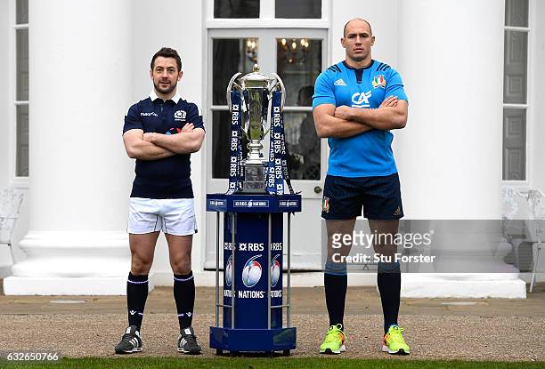 Greig Laidlaw, Captain of Scotland and Sergio Parisse, Captain of Italy pose with The Six Nations Trophy during the 2017 RBS Six Nations launch at...