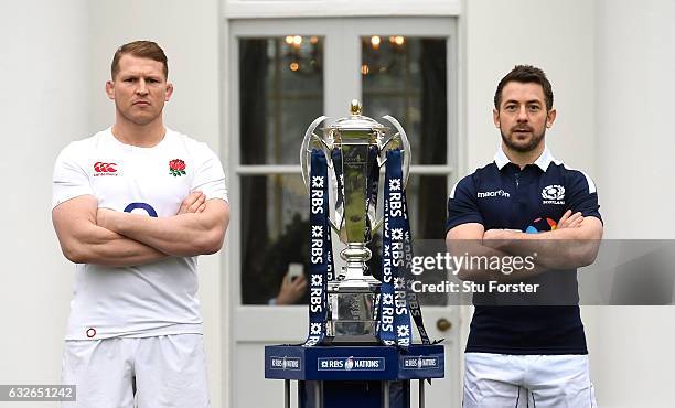 Dylan Hartley, Captain of England and Greig Laidlaw, Captain of Scotland pose with The Six Nations Trophy during the 2017 RBS Six Nations launch at...