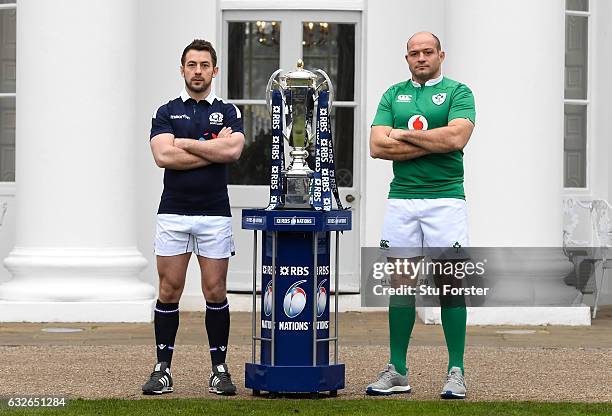 Greig Laidlaw, Captain of Scotland and Rory Best, Captain of Ireland pose with The Six Nations Trophy during the 2017 RBS Six Nations launch at The...