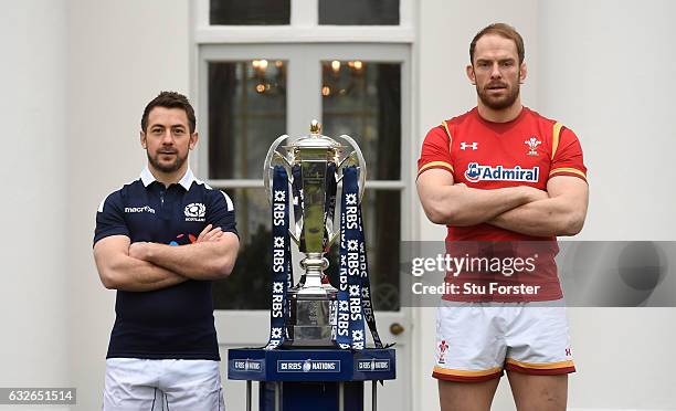 Greig Laidlaw, Captain of Scotland and Alun Wyn Jones, Captain of Wales pose with The Six Nations trophy during the 2017 RBS Six Nations launch at...