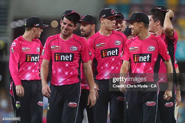 Sixers celebrate winning the Big Bash League semi final match between the Brisbane Heat and the Sydney Sixers at the The Gabba on January 25, 2017 in...