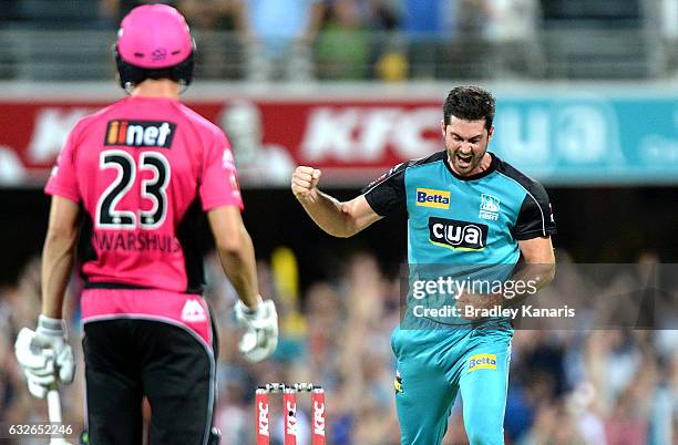 Ben Cutting of the Heat celebrates taking the wicket of Johan Botha of the Sixers during the Big Bash League semi final match between the Brisbane...