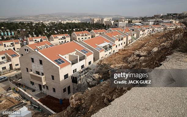 This photo taken on January 25, 2017 shows a partial view of the Israeli settlement of Ariel near the West Bank city of Nablus on January 25, 2017....