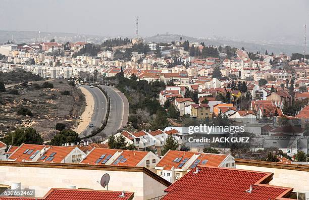 This photo taken on January 25, 2017 shows a partial view of the Israeli settlement of Ariel near the West Bank city of Nablus on January 25, 2017....