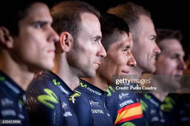 Cyclist Alejandro Valverde and Nairo Quintana attend the Cycling Movistar Team Presentation at Telefonica headquarters in Madrid on January 25, 2017...