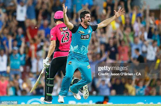 Ben Cutting of the Heat celebrates the wicket of Johan Botha during the Big Bash League semi final match between the Brisbane Heat and the Sydney...