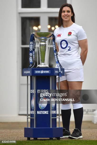 England's captain Sarah Hunter poses with the Women's Six Nations Trophy during the launch of the 2017 Six Nations International rugby tournament at...