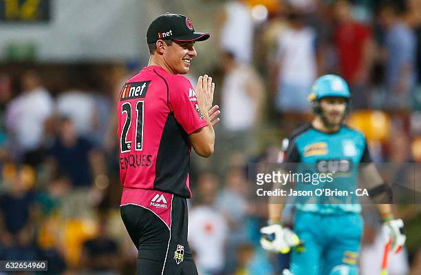 Moises Henriques of the Sixers celebrates victory during the Big Bash League semi final match between the Brisbane Heat and the Sydney Sixers at the...