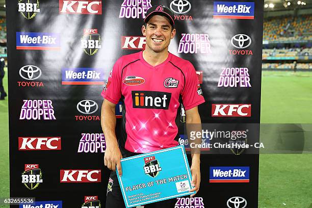Moises Henriques of the Sixers is awarded player of the match after winning the Big Bash League semi final match between the Brisbane Heat and the...