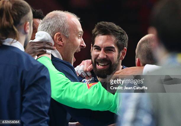 Goalkeeper of France Thierry Omeyer and Nikola Karabatic celebrate the victory following the 25th IHF Men's World Championship 2017 Quarter Final...