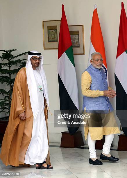 The Crown Prince of Abu Dhabi General Sheikh Mohammed Bin Zayed Al Nahyan meets with Indian Prime Minister Narendra Modi ahead of a meeting at...